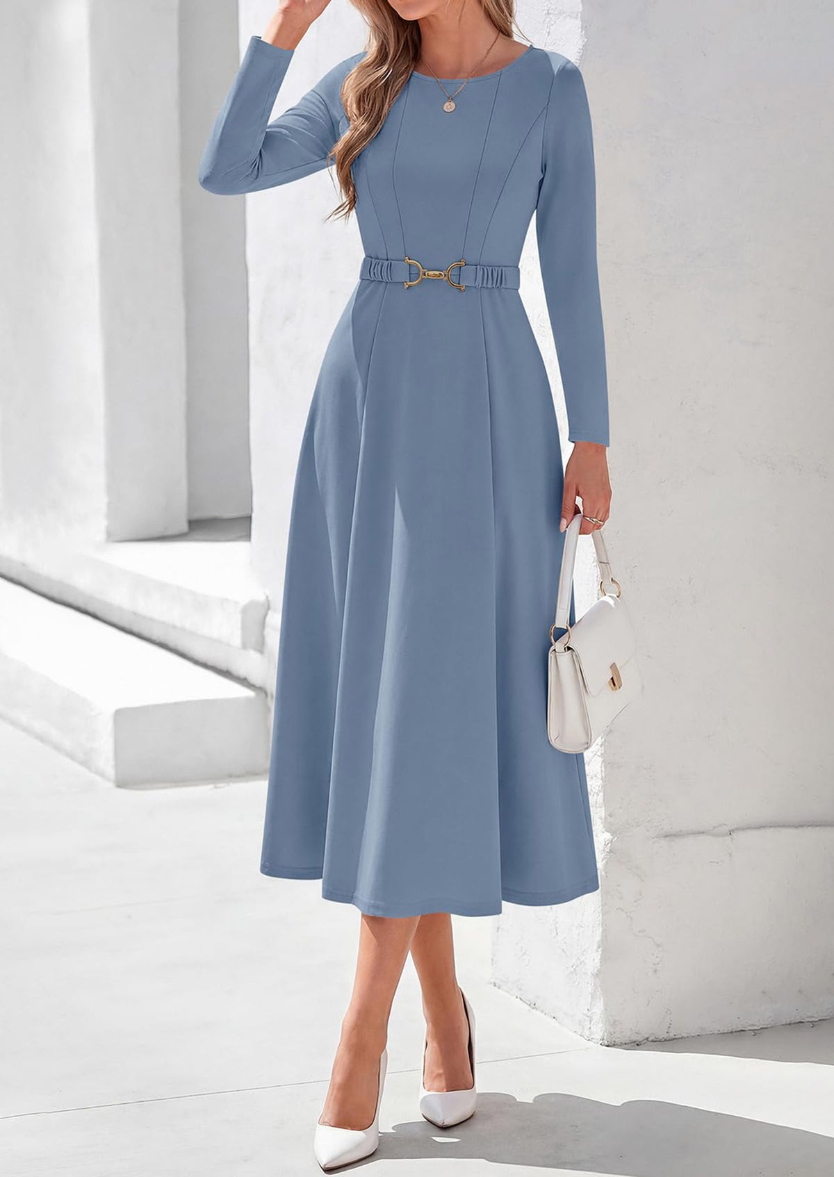 PRETTYGARDEN Women's Fall Long Sleeve Semi Formal Midi Dresses with Pockets Boat Neck, Metal Buckle Tie Waist, Flowy A Line, Elegant Classy Wedding Guest Cocktail Party Dress, Business Casual Outfits