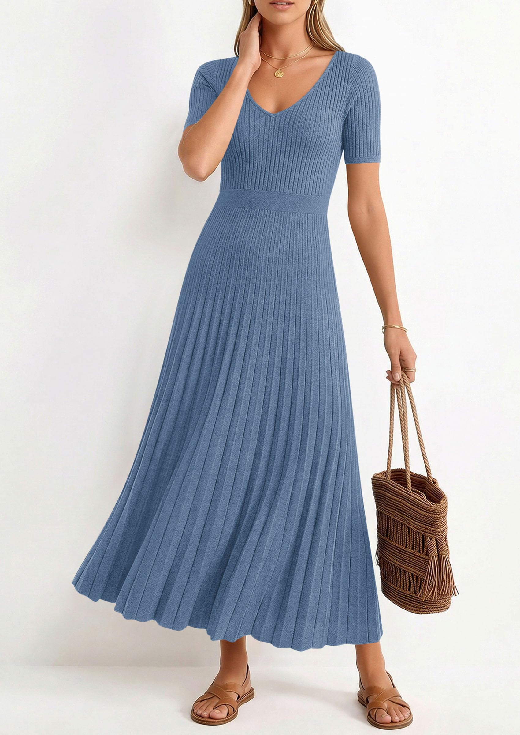 PRETTYGARDEN Women's Spring Midi Sweater Dresses Elegant Pleated Ribbed Knit Short Sleeve V Neck A Line Summer Outfits PRETTYGARDEN