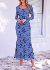 PRETTYGARDEN Women's Long Sleeve Floral Maxi Bodycon Dress  Cocktail Dresses for Wedding Guest, Square Neck, Stretchy Mesh, Elegant Classy, Formal Holiday Party, Fall Date Night Outfits