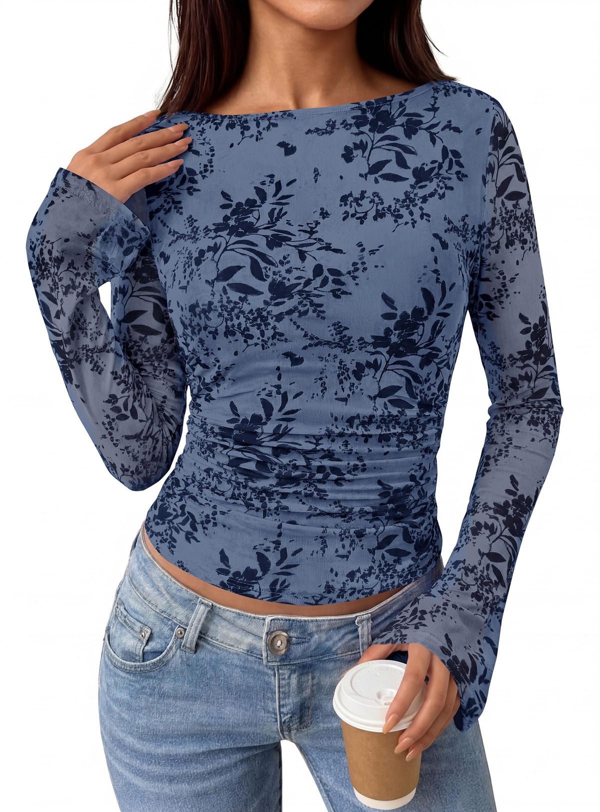 PRETTYGARDEN Women's Bell Sleeve Floral Mesh Crop Tops | Slim Fitted Shirts, Long Sleeve Going Out Top, Ruched Front, Boat Neck, Casual Blouses, Fall Date Night Outfits, Y2K Clothes