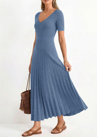 PRETTYGARDEN Women's Spring Midi Sweater Dresses Elegant Pleated Ribbed Knit Short Sleeve V Neck A Line Summer Outfits PRETTYGARDEN