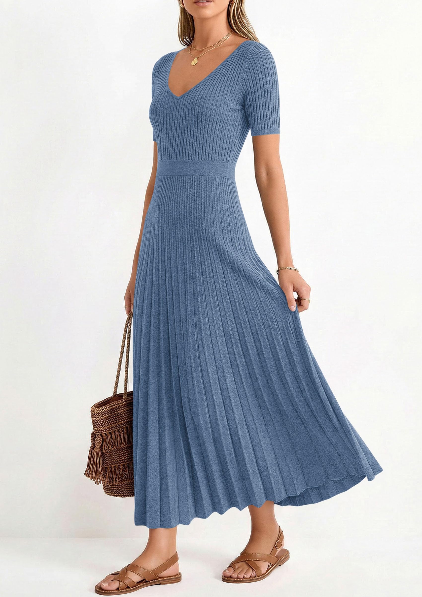 PRETTYGARDEN Women's Spring Midi Sweater Dresses Elegant Pleated Ribbed Knit Short Sleeve V Neck A Line Summer Outfits PRETTYGARDEN