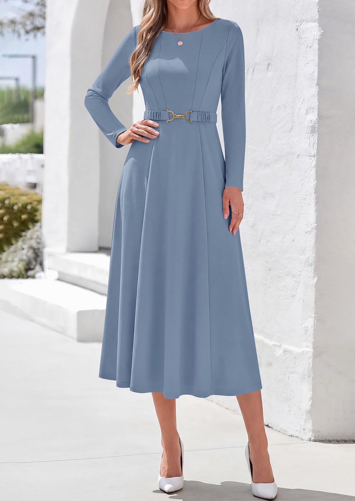 PRETTYGARDEN Women's Fall Long Sleeve Semi Formal Midi Dresses with Pockets Boat Neck, Metal Buckle Tie Waist, Flowy A Line, Elegant Classy Wedding Guest Cocktail Party Dress, Business Casual Outfits