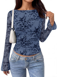 PRETTYGARDEN Women's Bell Sleeve Floral Mesh Crop Tops | Slim Fitted Shirts, Long Sleeve Going Out Top, Ruched Front, Boat Neck, Casual Blouses, Fall Date Night Outfits, Y2K Clothes