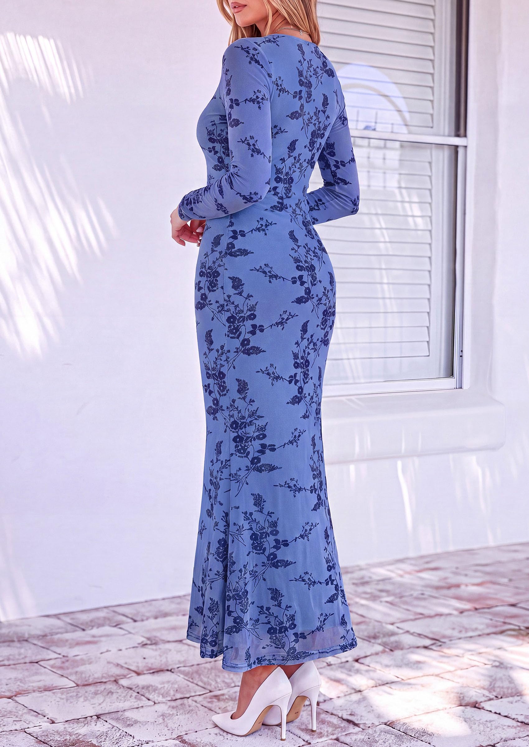 PRETTYGARDEN Women's Long Sleeve Floral Maxi Bodycon Dress  Cocktail Dresses for Wedding Guest, Square Neck, Stretchy Mesh, Elegant Classy, Formal Holiday Party, Fall Date Night Outfits