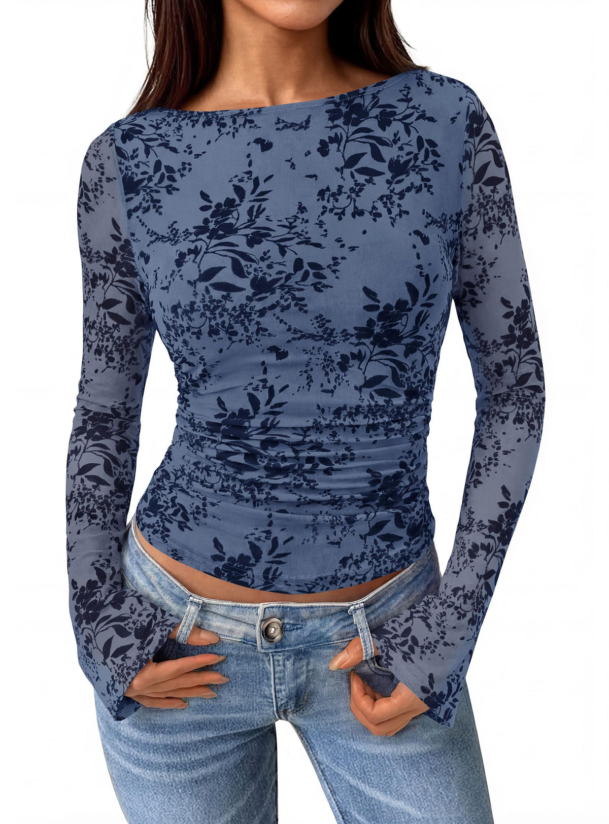 PRETTYGARDEN Women's Bell Sleeve Floral Mesh Crop Tops | Slim Fitted Shirts, Long Sleeve Going Out Top, Ruched Front, Boat Neck, Casual Blouses, Fall Date Night Outfits, Y2K Clothes