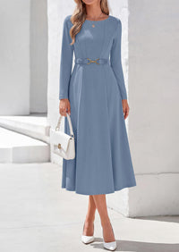 PRETTYGARDEN Women's Fall Long Sleeve Semi Formal Midi Dresses with Pockets Boat Neck, Metal Buckle Tie Waist, Flowy A Line, Elegant Classy Wedding Guest Cocktail Party Dress, Business Casual Outfits