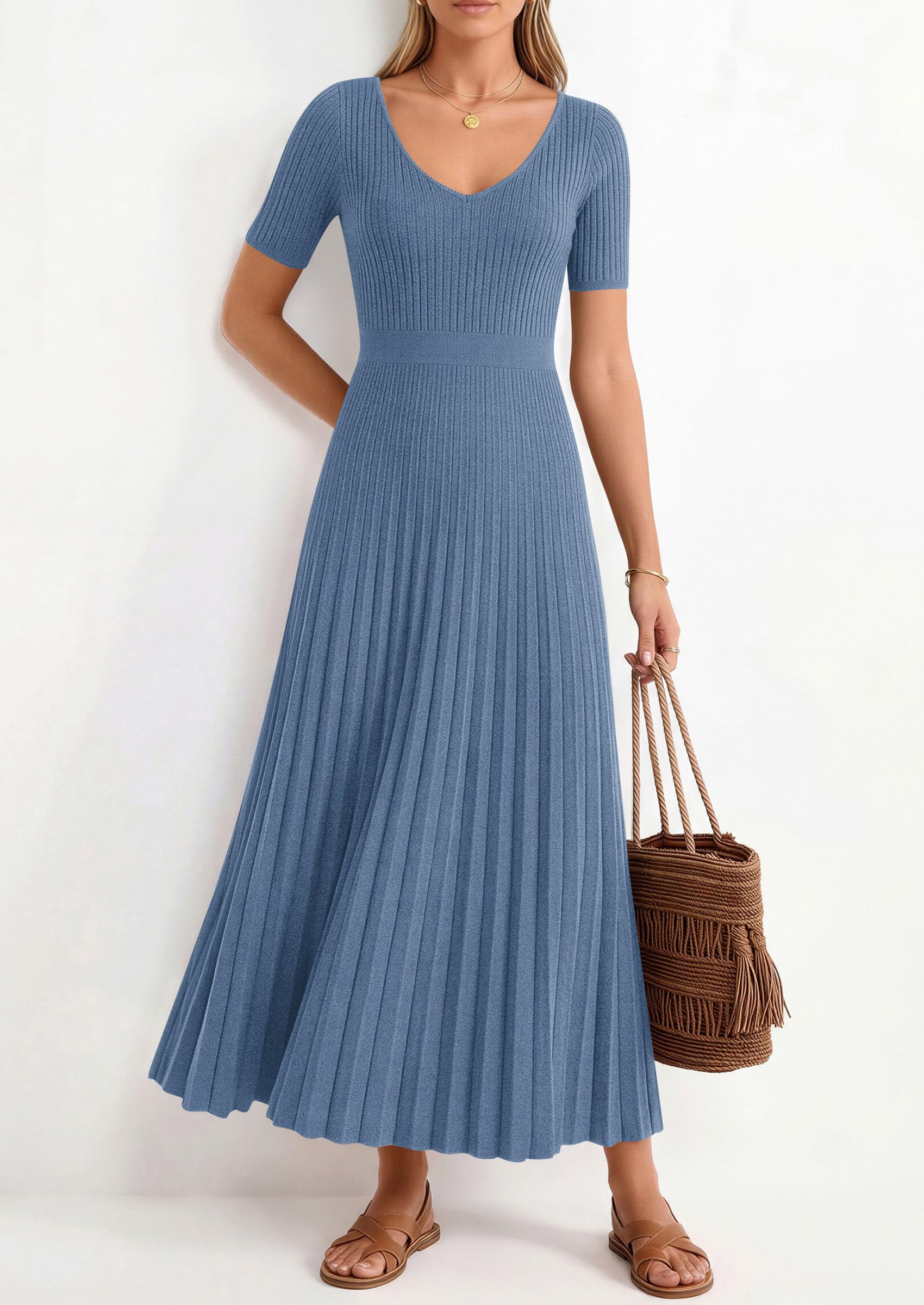 PRETTYGARDEN Women's Spring Midi Sweater Dresses Elegant Pleated Ribbed Knit Short Sleeve V Neck A Line Summer Outfits PRETTYGARDEN