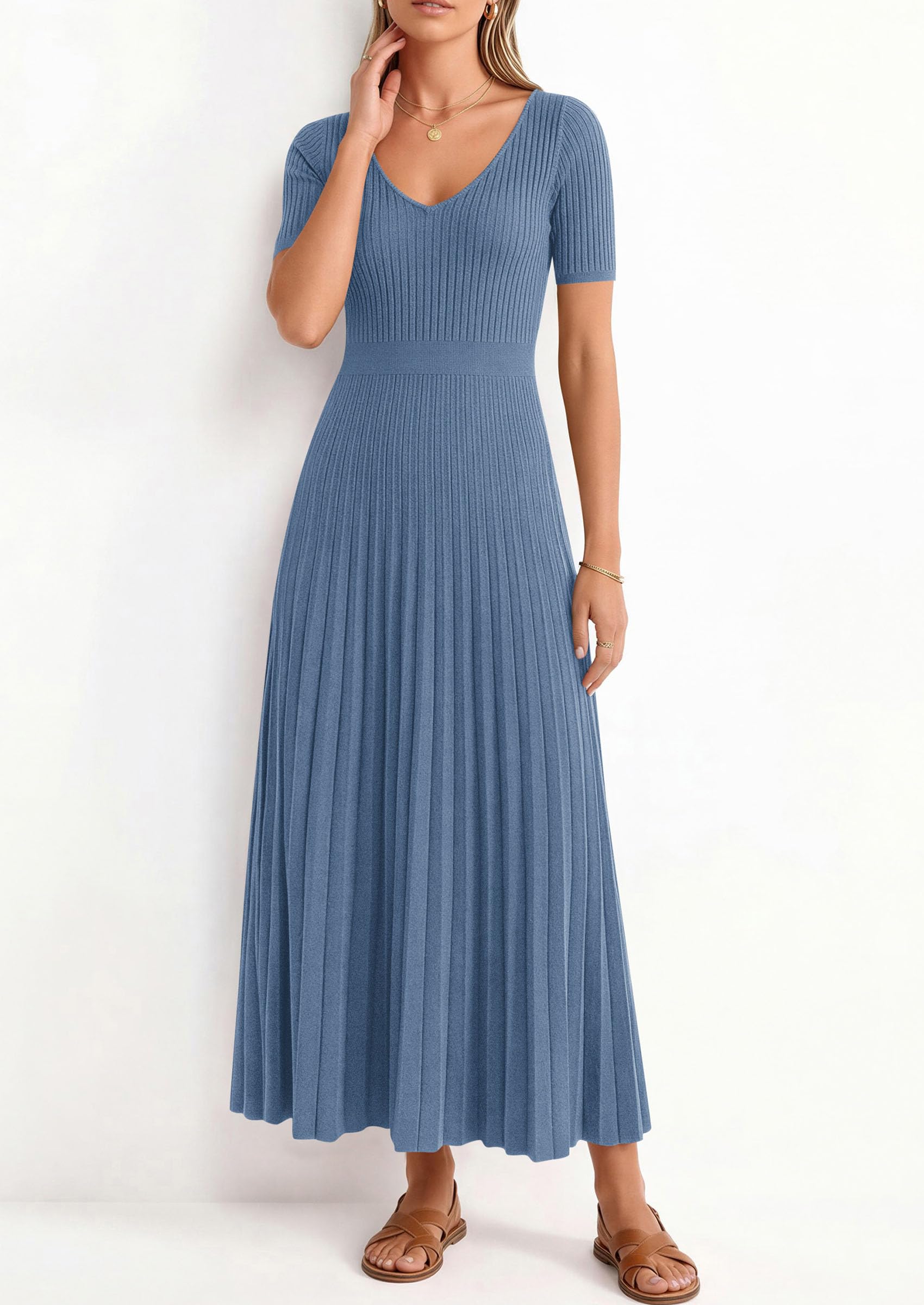 PRETTYGARDEN Women's Spring Midi Sweater Dresses Elegant Pleated Ribbed Knit Short Sleeve V Neck A Line Summer Outfits PRETTYGARDEN