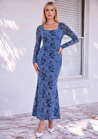 PRETTYGARDEN Women's Long Sleeve Floral Maxi Bodycon Dress  Cocktail Dresses for Wedding Guest, Square Neck, Stretchy Mesh, Elegant Classy, Formal Holiday Party, Fall Date Night Outfits