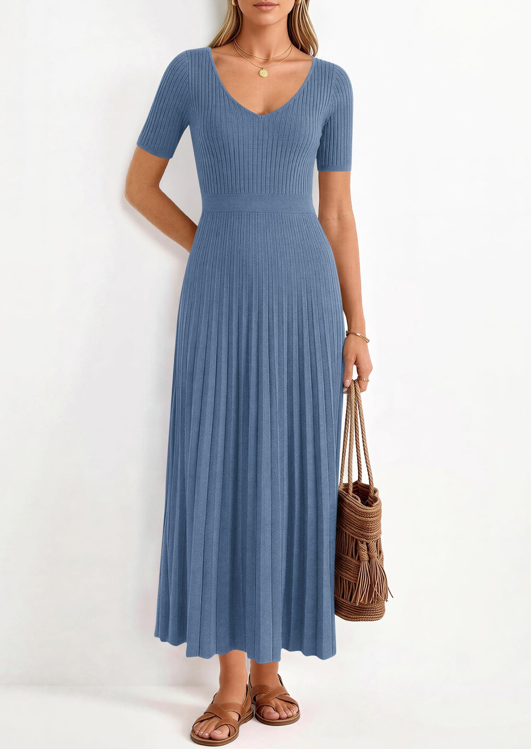 PRETTYGARDEN Women's Spring Midi Sweater Dresses Elegant Pleated Ribbed Knit Short Sleeve V Neck A Line Summer Outfits PRETTYGARDEN