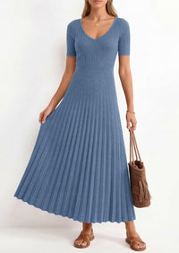 PRETTYGARDEN Women's Spring Midi Sweater Dresses Elegant Pleated Ribbed Knit Short Sleeve V Neck A Line Summer Outfits PRETTYGARDEN