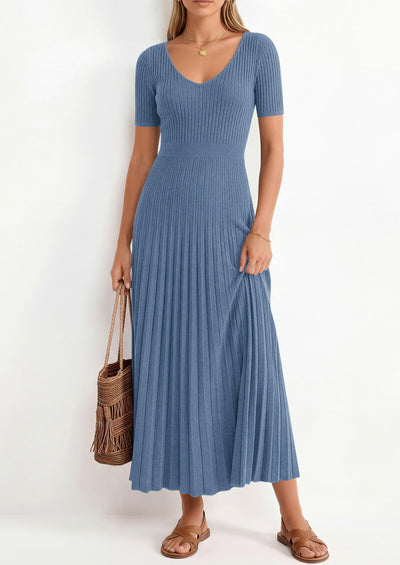 PRETTYGARDEN Women's Spring Midi Sweater Dresses Elegant Pleated Ribbed Knit Short Sleeve V Neck A Line Summer Outfits PRETTYGARDEN