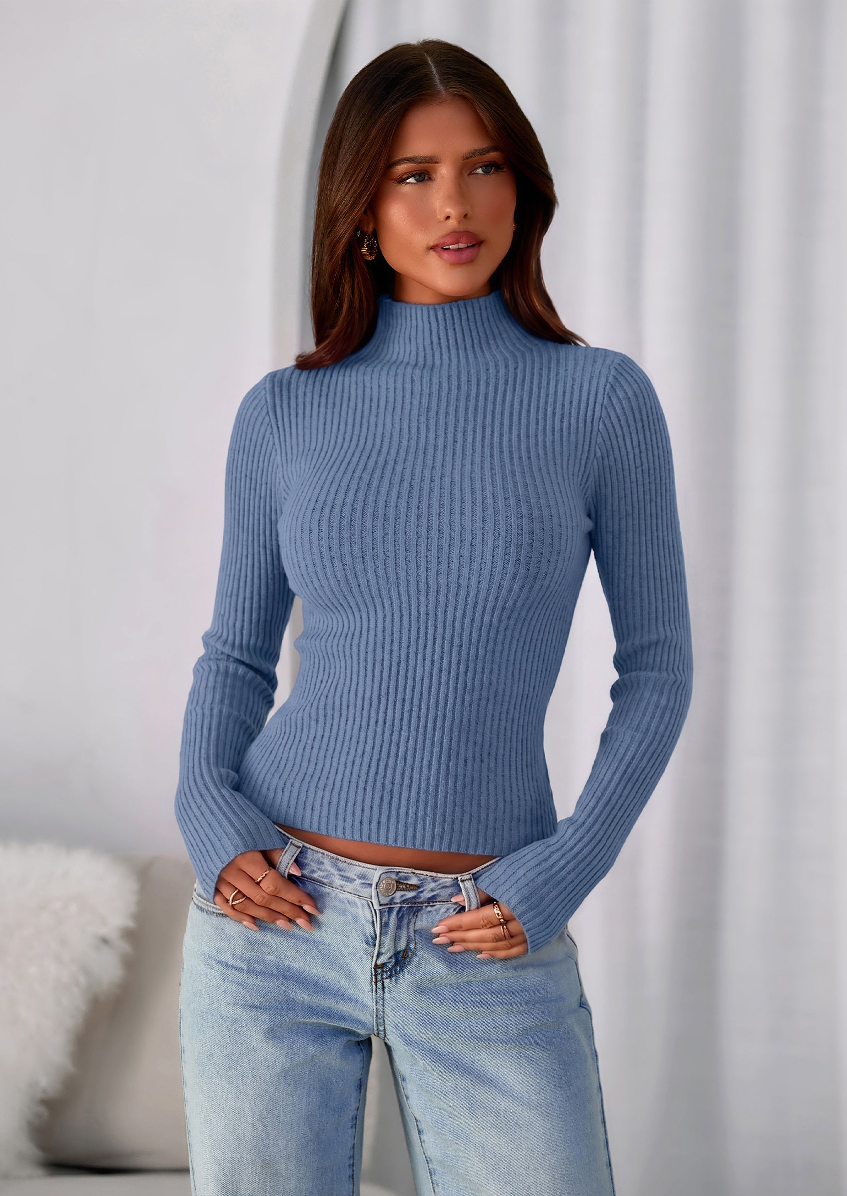 PRETTYGARDEN Long Sleeve T Shirts for Women Fall Fashion Mock Neck Fitted Ribbed Tee Tops Casual Basic Winter Clothing