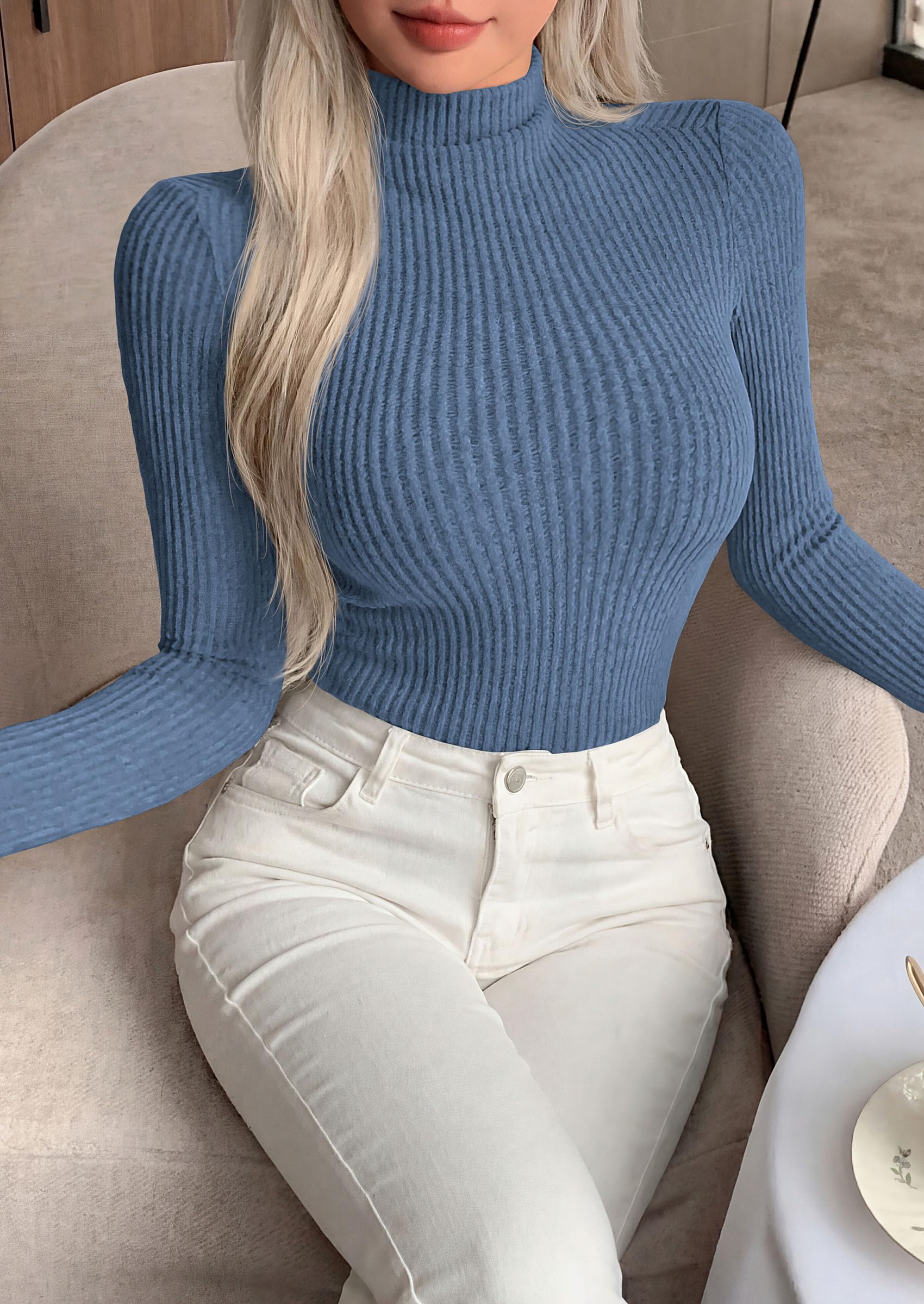 PRETTYGARDEN Long Sleeve T Shirts for Women Fall Fashion Mock Neck Fitted Ribbed Tee Tops Casual Basic Winter Clothing