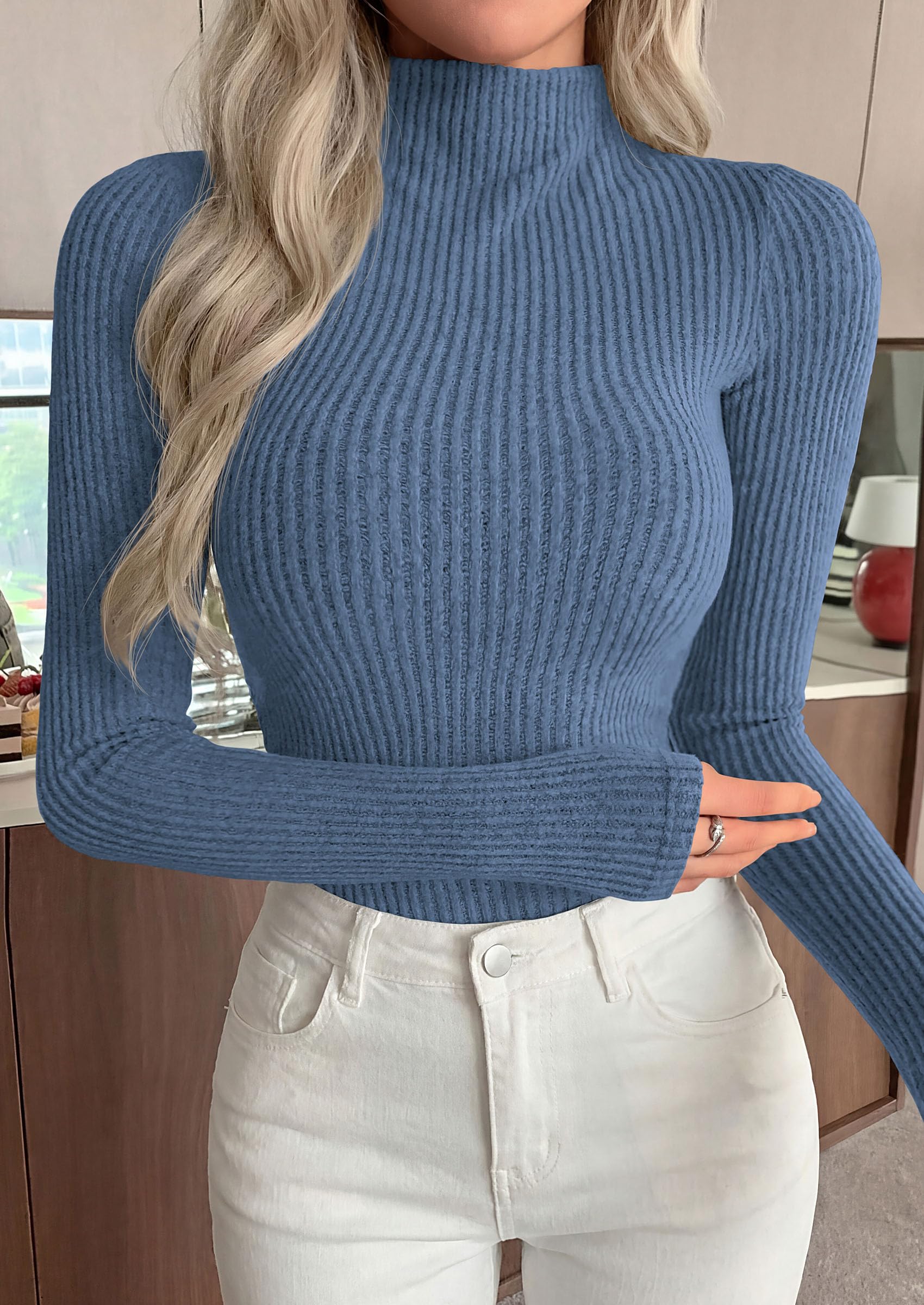 PRETTYGARDEN Long Sleeve T Shirts for Women Fall Fashion Mock Neck Fitted Ribbed Tee Tops Casual Basic Winter Clothing