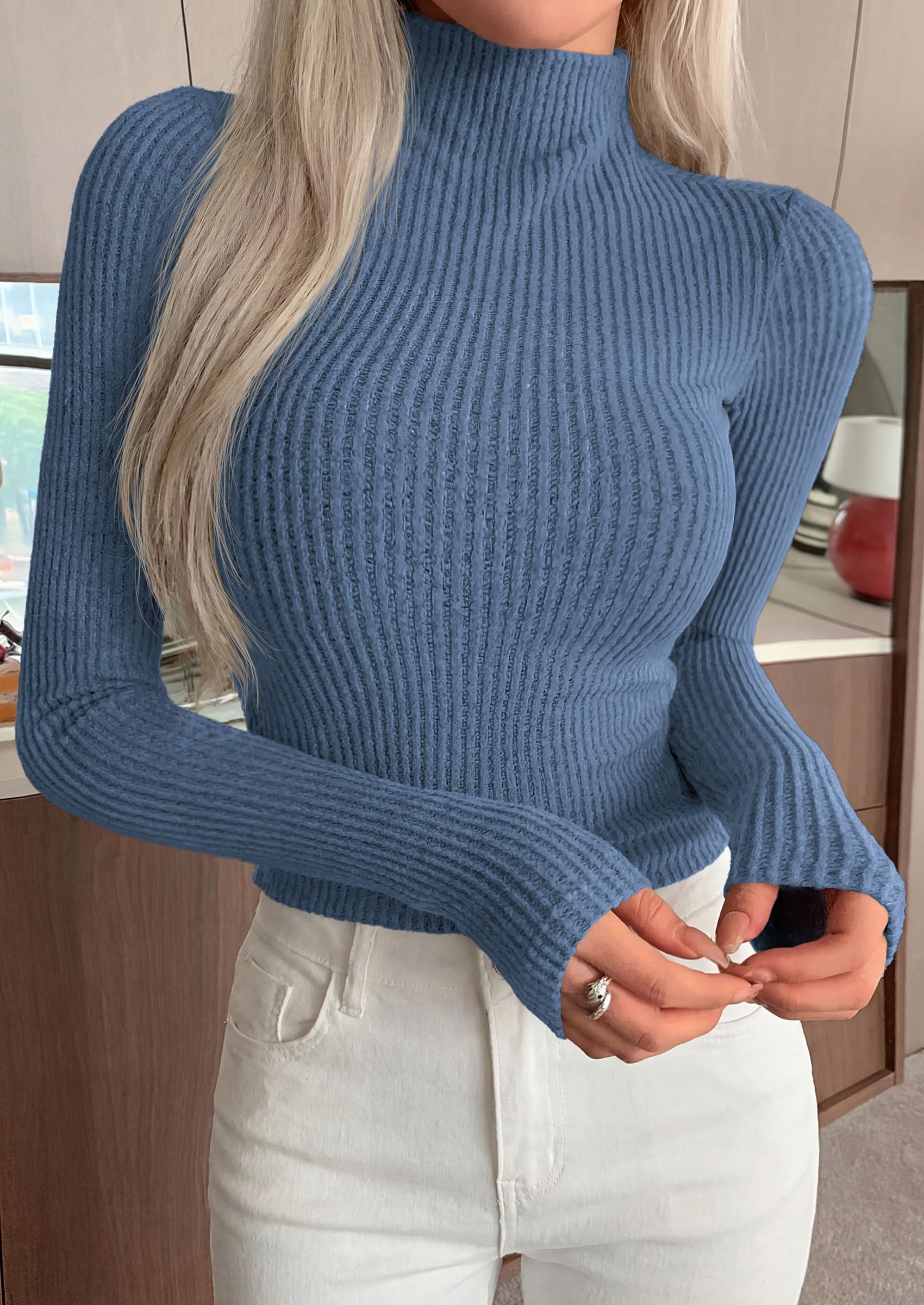 PRETTYGARDEN Long Sleeve T Shirts for Women Fall Fashion Mock Neck Fitted Ribbed Tee Tops Casual Basic Winter Clothing