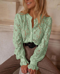 PRETTYGARDEN Women's Dressy Casual Lace Blouse Long Sleeve Button Up Shirts Tops Spring Fall Fashion Clothes