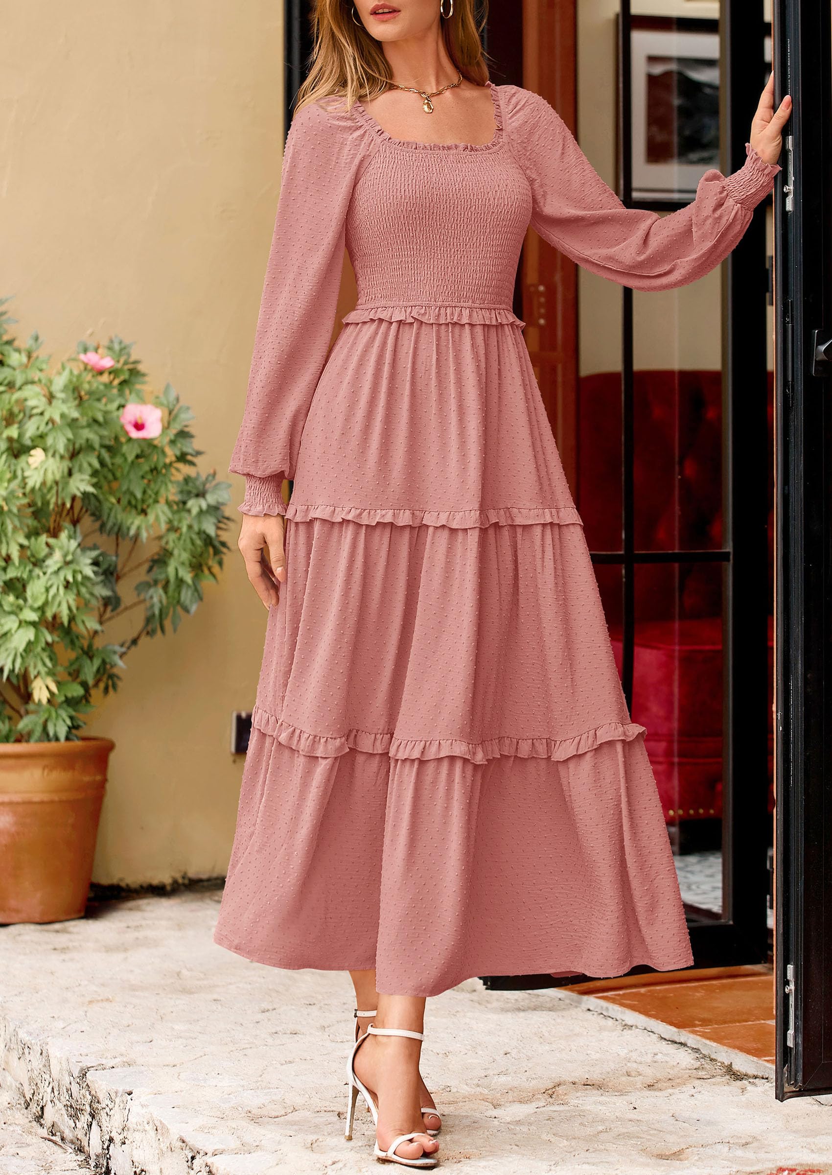 PRETTYGARDEN Women Fall Long Sleeve Smocked Maxi Dress Casual Square Neck Swiss Dot Tiered Ruffle Flowy Spring Pocket Dresses