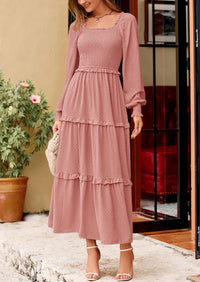 PRETTYGARDEN Women Fall Long Sleeve Smocked Maxi Dress Casual Square Neck Swiss Dot Tiered Ruffle Flowy Spring Pocket Dresses