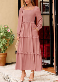 PRETTYGARDEN Women Fall Long Sleeve Smocked Maxi Dress Casual Square Neck Swiss Dot Tiered Ruffle Flowy Spring Pocket Dresses