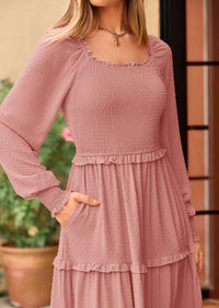 PRETTYGARDEN Women Fall Long Sleeve Smocked Maxi Dress Casual Square Neck Swiss Dot Tiered Ruffle Flowy Spring Pocket Dresses