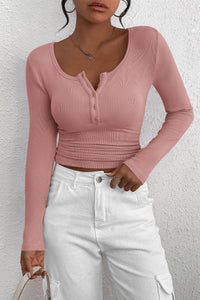 PRETTYGARDEN Women's Spring Fall Long Sleeve Henley T Shirts Button Ribbed Knit Slim Fit Casual Basic Tops Blouse