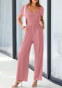 PRETTYGARDEN Women's Summer One Piece Jumpsuits Dressy Casual Short Sleeve Square Neck Wide Leg Jumpsuit Rompers