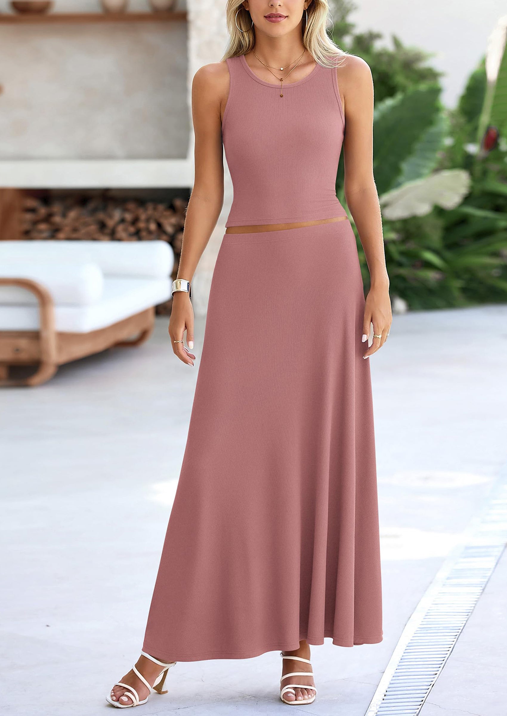 PRETTYGARDEN 2 Piece Maxi Skirt Sets Casual Knit Cropped Tank Top High Waisted Long Skirts Outfit