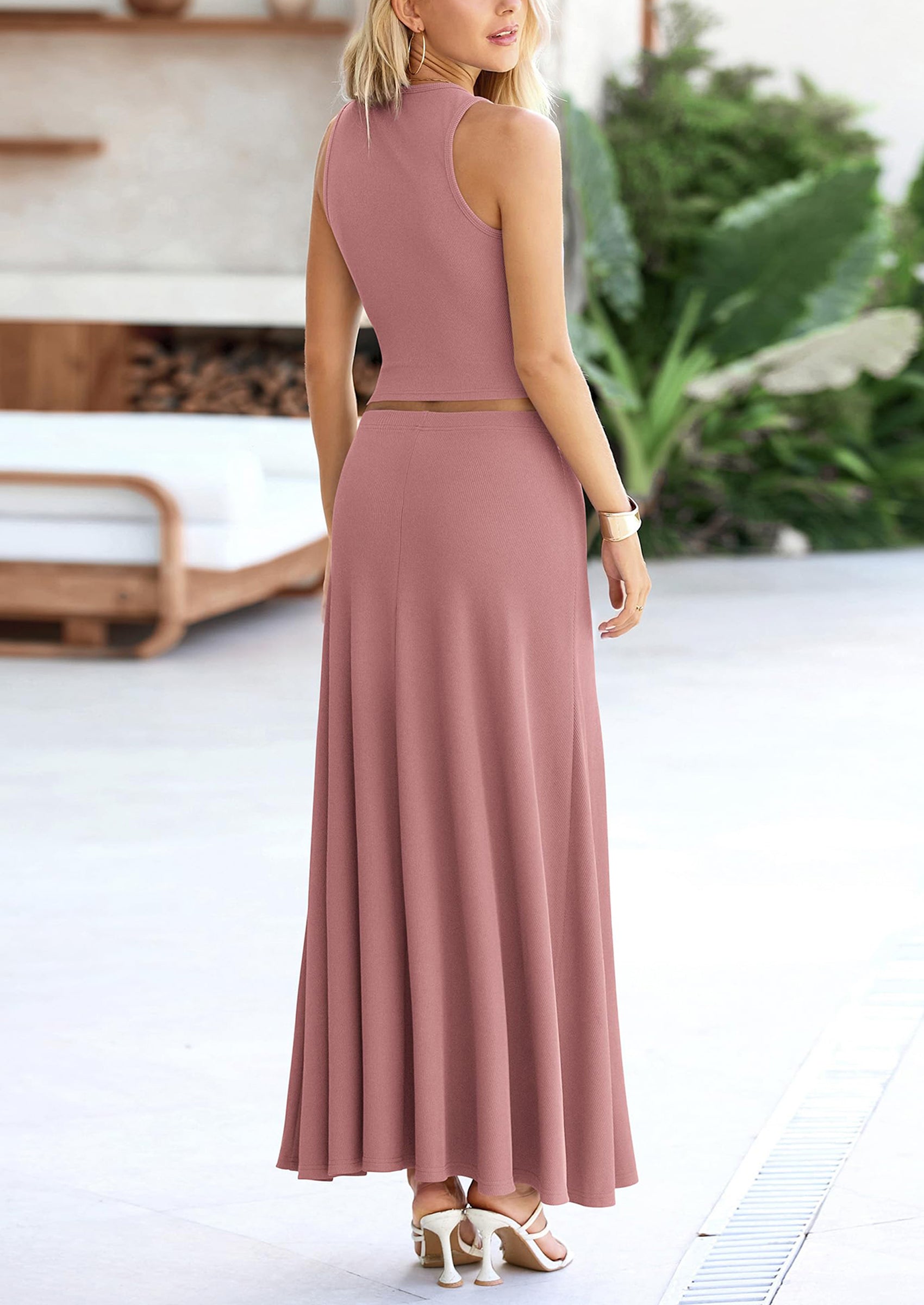 PRETTYGARDEN 2 Piece Maxi Skirt Sets Casual Knit Cropped Tank Top High Waisted Long Skirts Outfit