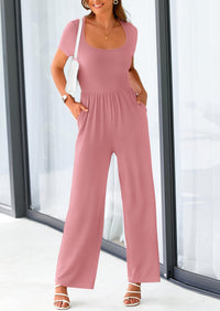 PRETTYGARDEN Women's Summer One Piece Jumpsuits Dressy Casual Short Sleeve Square Neck Wide Leg Jumpsuit Rompers