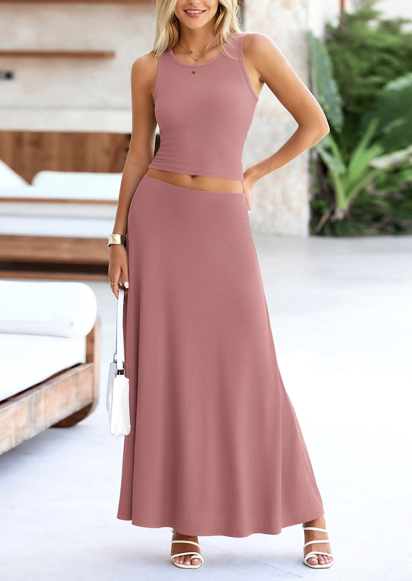 PRETTYGARDEN 2 Piece Maxi Skirt Sets Casual Knit Cropped Tank Top High Waisted Long Skirts Outfit