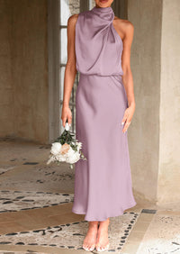 PRETTYGARDEN Women's Summer Satin Dress Elegant Sleeveless Mock Neck Cocktail Party Maxi Dresses