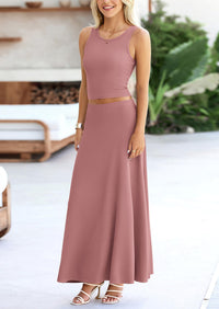 PRETTYGARDEN 2 Piece Maxi Skirt Sets Casual Knit Cropped Tank Top High Waisted Long Skirts Outfit