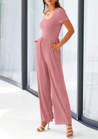 PRETTYGARDEN Women's Summer One Piece Jumpsuits Dressy Casual Short Sleeve Square Neck Wide Leg Jumpsuit Rompers