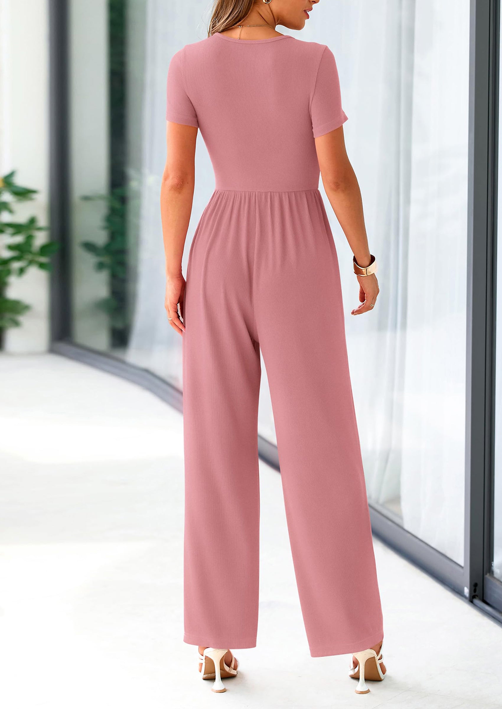 PRETTYGARDEN Women's Summer One Piece Jumpsuits Dressy Casual Short Sleeve Square Neck Wide Leg Jumpsuit Rompers