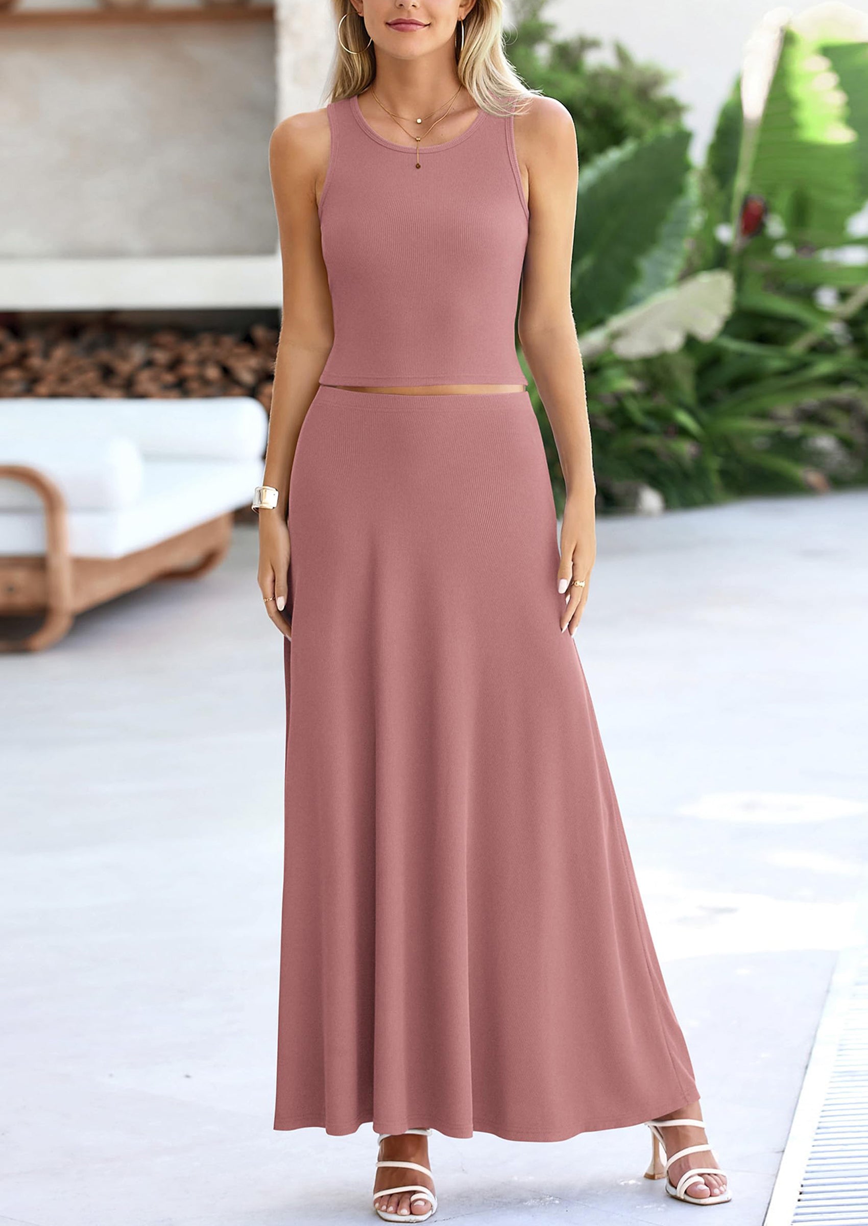 PRETTYGARDEN 2 Piece Maxi Skirt Sets Casual Knit Cropped Tank Top High Waisted Long Skirts Outfit