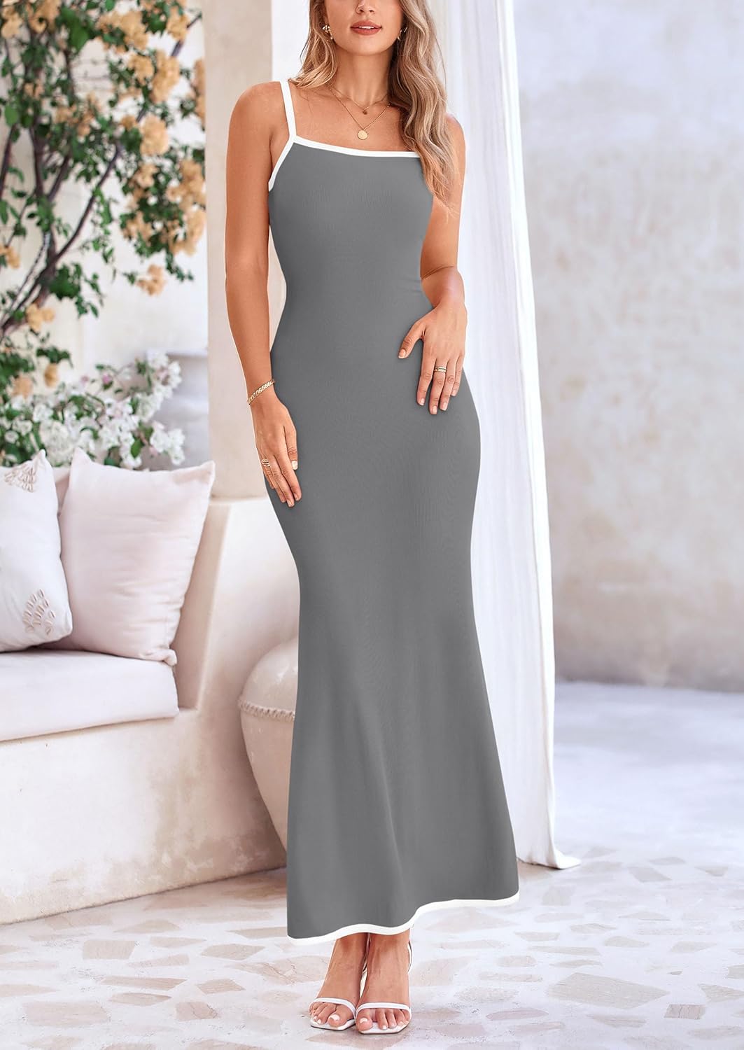 Women's Bodycon Spaghetti Strap Maxi Dresses 2025 Summer Resort Wear Sleeveless Long Beach Dress