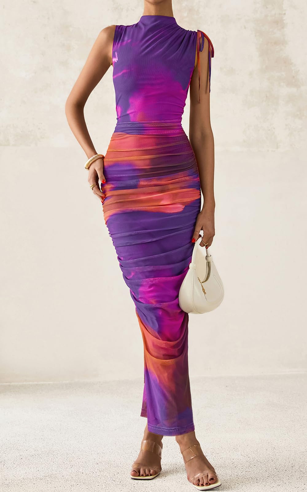 PRETTYGARDEN Women's Summer Maxi Floral Dresses Ruched Bodycon Sleeveless Mesh Formal Wedding Guest Cocktail Split Long Dress PRETTYGARDEN