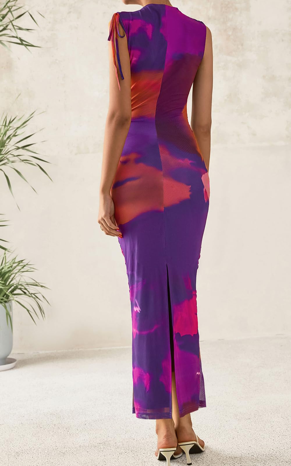 PRETTYGARDEN Women's Summer Maxi Floral Dresses Ruched Bodycon Sleeveless Mesh Formal Wedding Guest Cocktail Split Long Dress PRETTYGARDEN