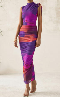 PRETTYGARDEN Women's Summer Maxi Floral Dresses Ruched Bodycon Sleeveless Mesh Formal Wedding Guest Cocktail Split Long Dress PRETTYGARDEN