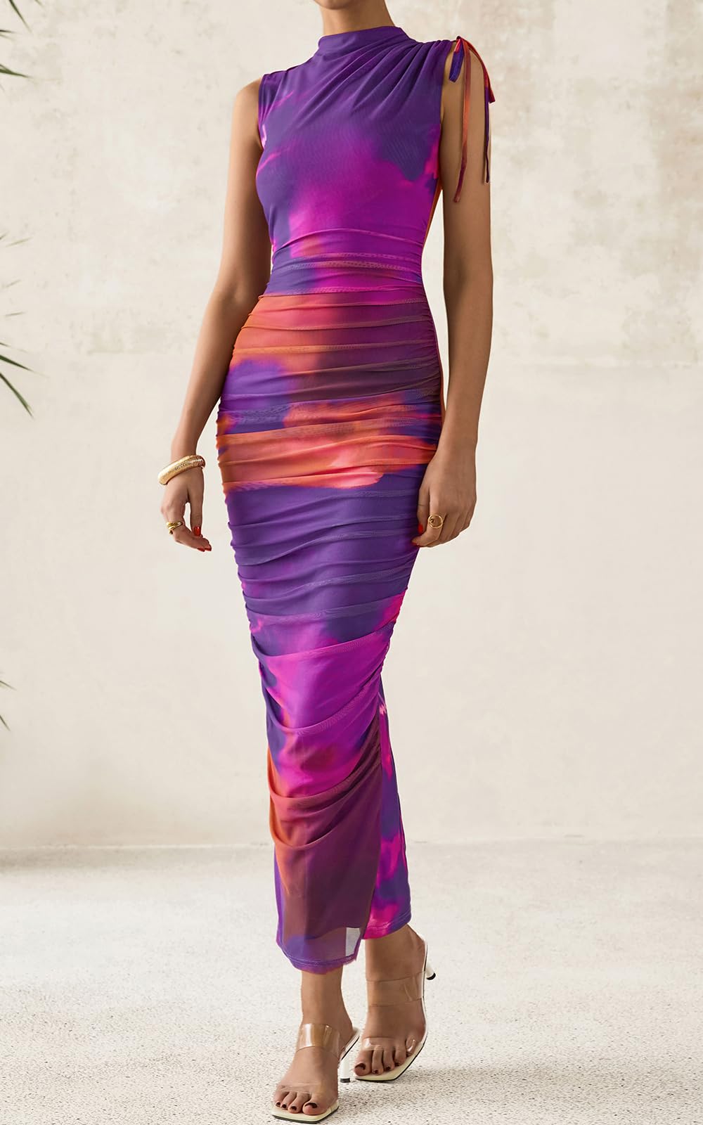 PRETTYGARDEN Women's Summer Maxi Floral Dresses Ruched Bodycon Sleeveless Mesh Formal Wedding Guest Cocktail Split Long Dress PRETTYGARDEN