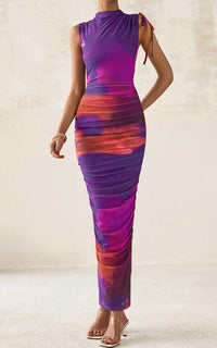 PRETTYGARDEN Women's Summer Maxi Floral Dresses Ruched Bodycon Sleeveless Mesh Formal Wedding Guest Cocktail Split Long Dress PRETTYGARDEN