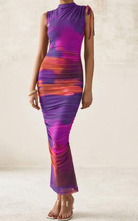 PRETTYGARDEN Women's Summer Maxi Floral Dresses Ruched Bodycon Sleeveless Mesh Formal Wedding Guest Cocktail Split Long Dress PRETTYGARDEN