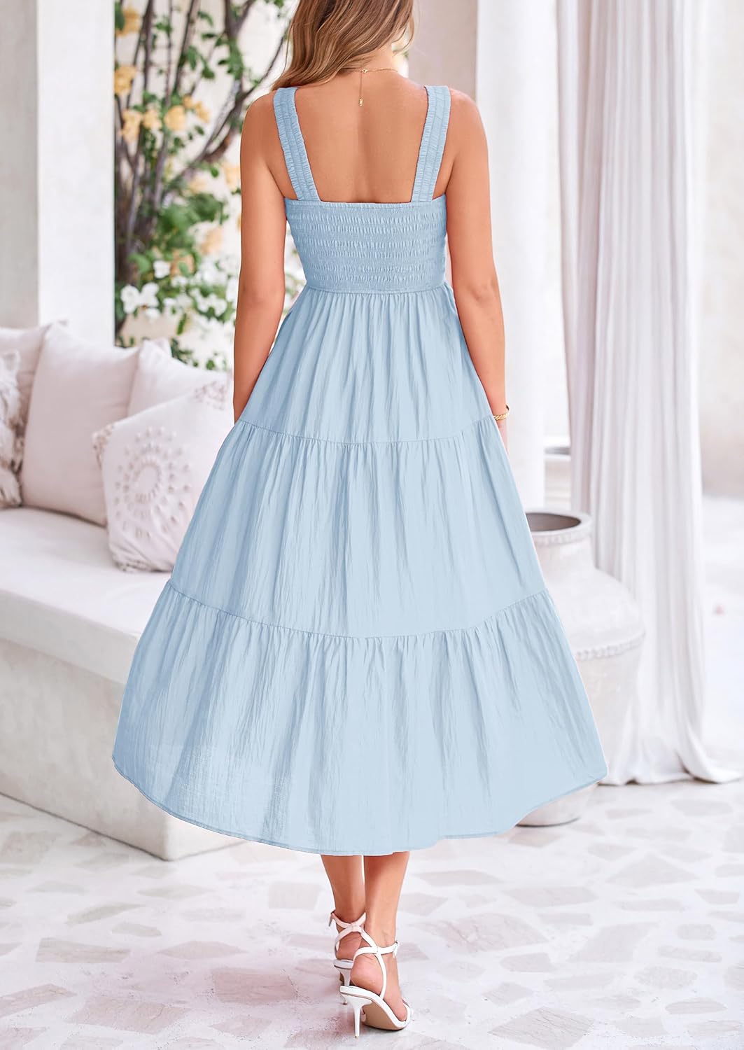 Womens Smocked Summer  Ruffle A Line Long Flowy Dresses Cute Sleeveless Beach Sundress Midi Dress