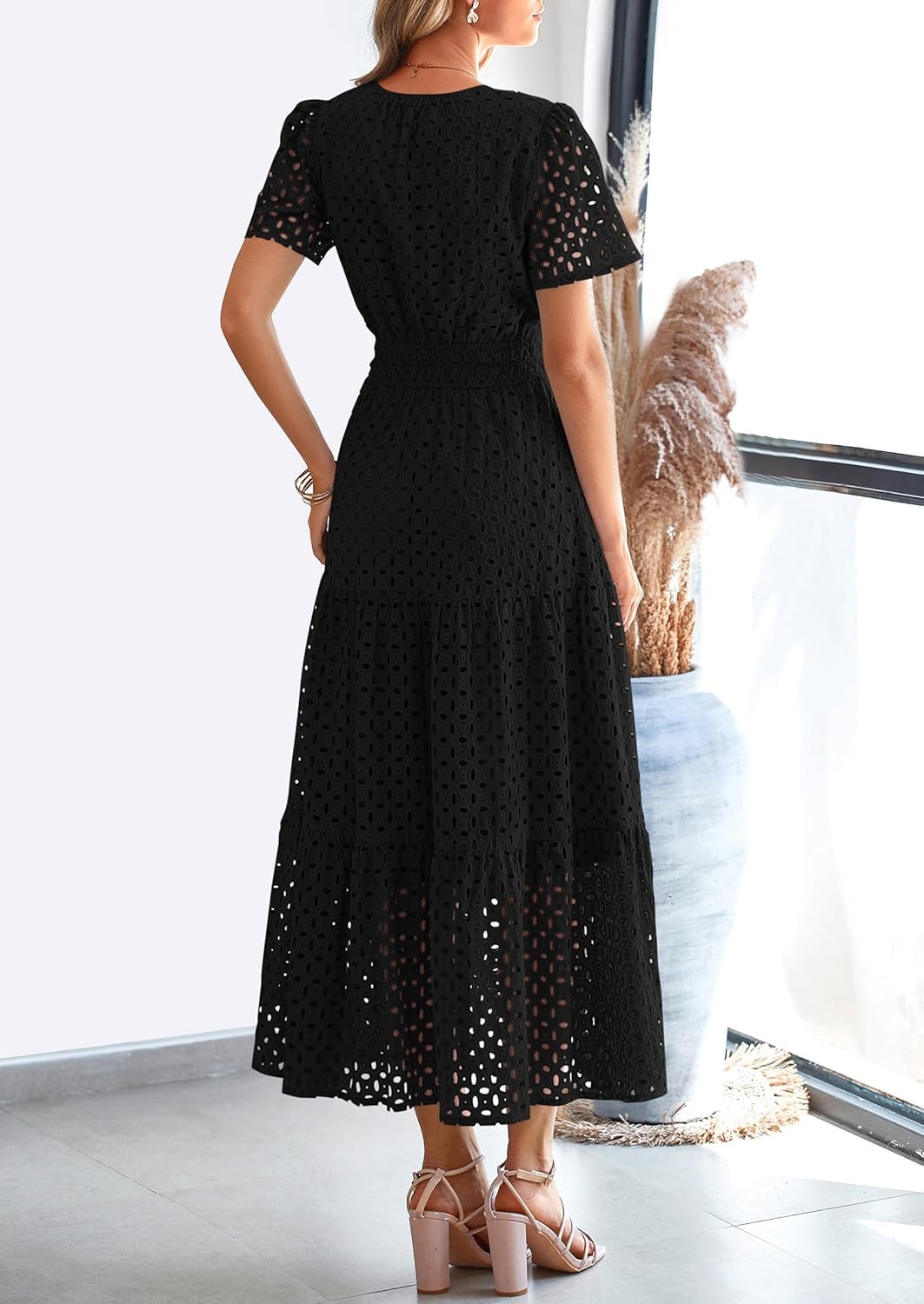 Womens 2025 Summer Maxi Dress Short Sleeve V Neck Hollow Out Eyelet A Line Long Flowy Beach Vacation Dresses