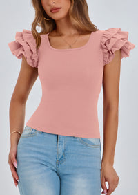 PRETTYGARDEN Women's Ruffle Short Sleeve Shirts Summer Casual Basic Tee Cute Fitted Crew Neck Fashion Tops Clothes