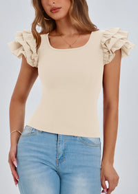 PRETTYGARDEN Women's Ruffle Short Sleeve Shirts Summer Casual Basic Tee Cute Fitted Crew Neck Fashion Tops Clothes