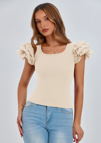 PRETTYGARDEN Women's Ruffle Short Sleeve Shirts Summer Casual Basic Tee Cute Fitted Crew Neck Fashion Tops Clothes