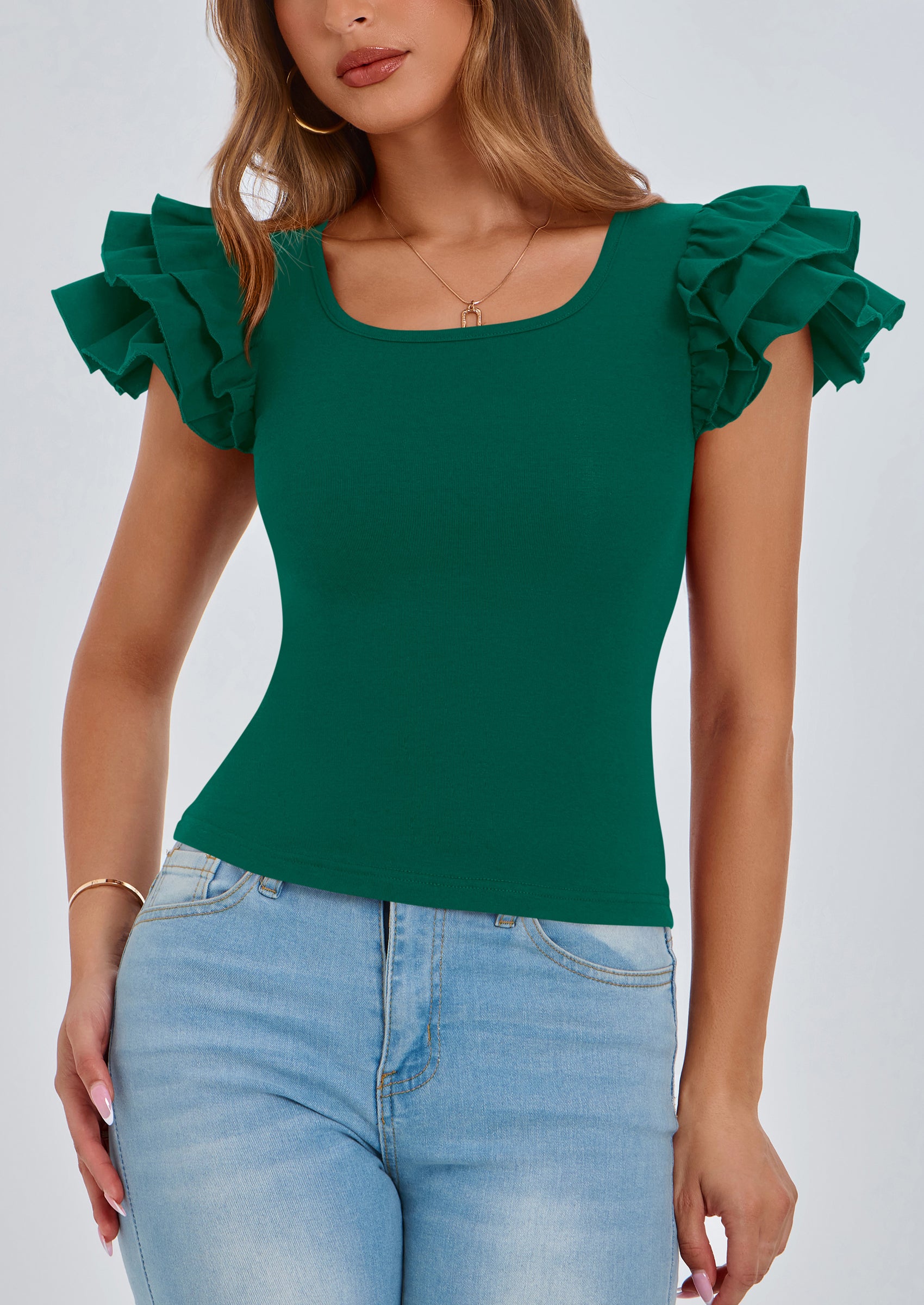 PRETTYGARDEN Women's Ruffle Short Sleeve Shirts Summer Casual Basic Tee Cute Fitted Crew Neck Fashion Tops Clothes